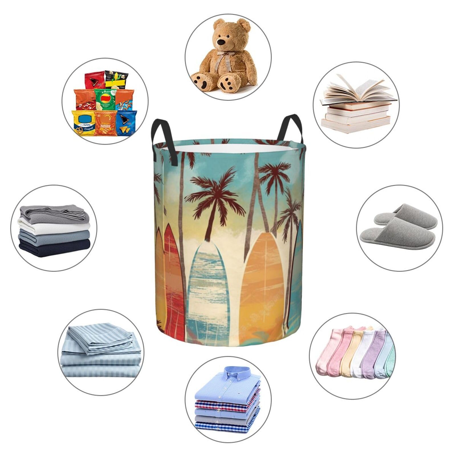 Surfboard Palm Tree Print Laundry Basket Waterproof Laundry Hamper With Handles Large Dirty Clothes Hamper For Dorm Family Travel Medium