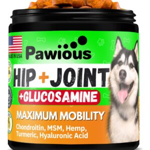 Pawious Hip and Joint Chews for Dogs - Glucosamine for Dogs - Dog Joint Pain Relief - Chondroitin, MSM, Turmeric, Hemp Oil Treats - Advanced Support Dog Joint Supplement Health - Mobility Bites