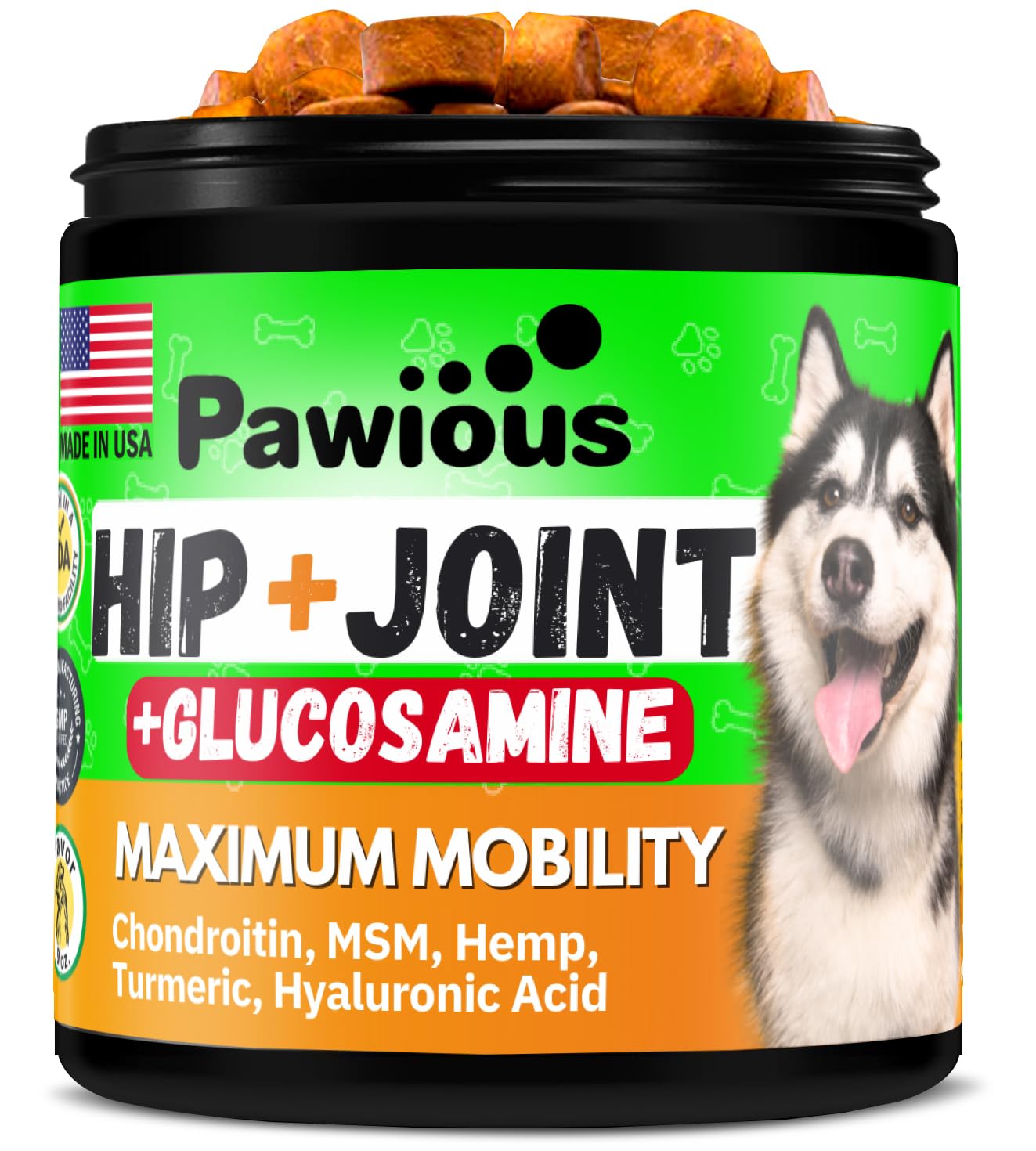 Pawious Hip and Joint Chews for Dogs - Glucosamine for Dogs - Dog Joint Pain Relief - Chondroitin, MSM, Turmeric, Hemp Oil Treats - Advanced Support Dog Joint Supplement Health - Mobility Bites