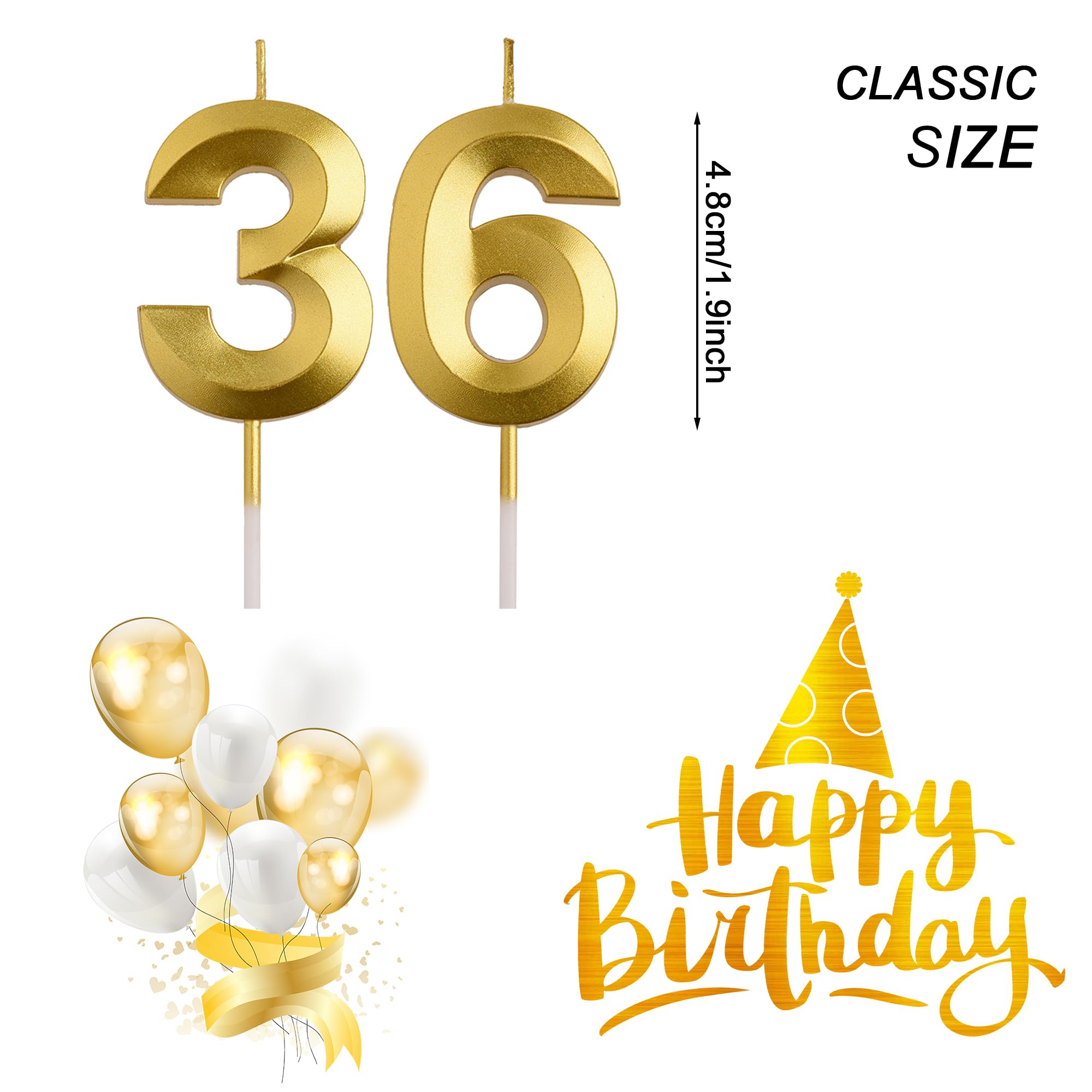 AOOLADA 36th 63rd Birthday Candles, Gold 63 36 Year Old Number Birthday Candles, Birthday Party Decorations Cake Topper Gifts for Men Women