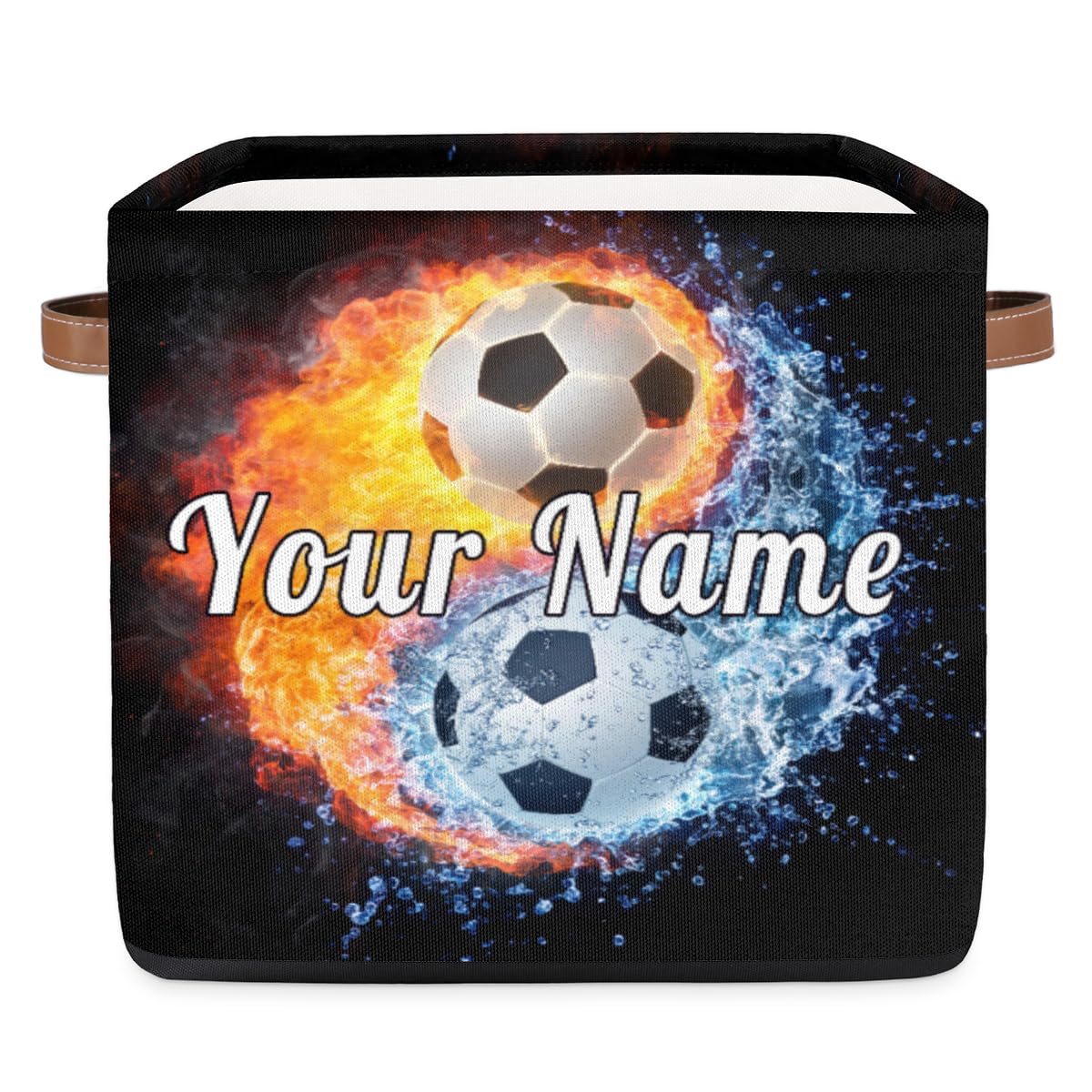 Personalized Storage Cube Bin with Name,Ice Fire Football Soccer Customize Storage Baskets with Handles,Laundry Toy Oraganizer for Closet Shelf Nursery Kids Bedroom