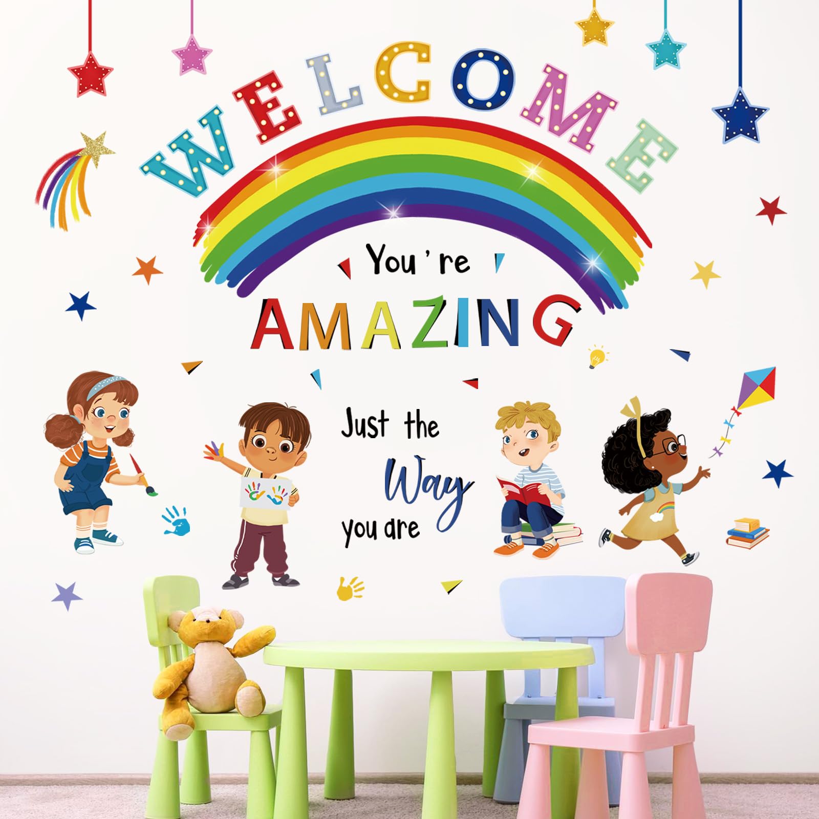 wondever Reading Corner Rainbow Wall Decals Kids Inspirational Quotes You are Amazing Peel and Stick Wall Art Stickers for Reading Room Classroom Kids Room