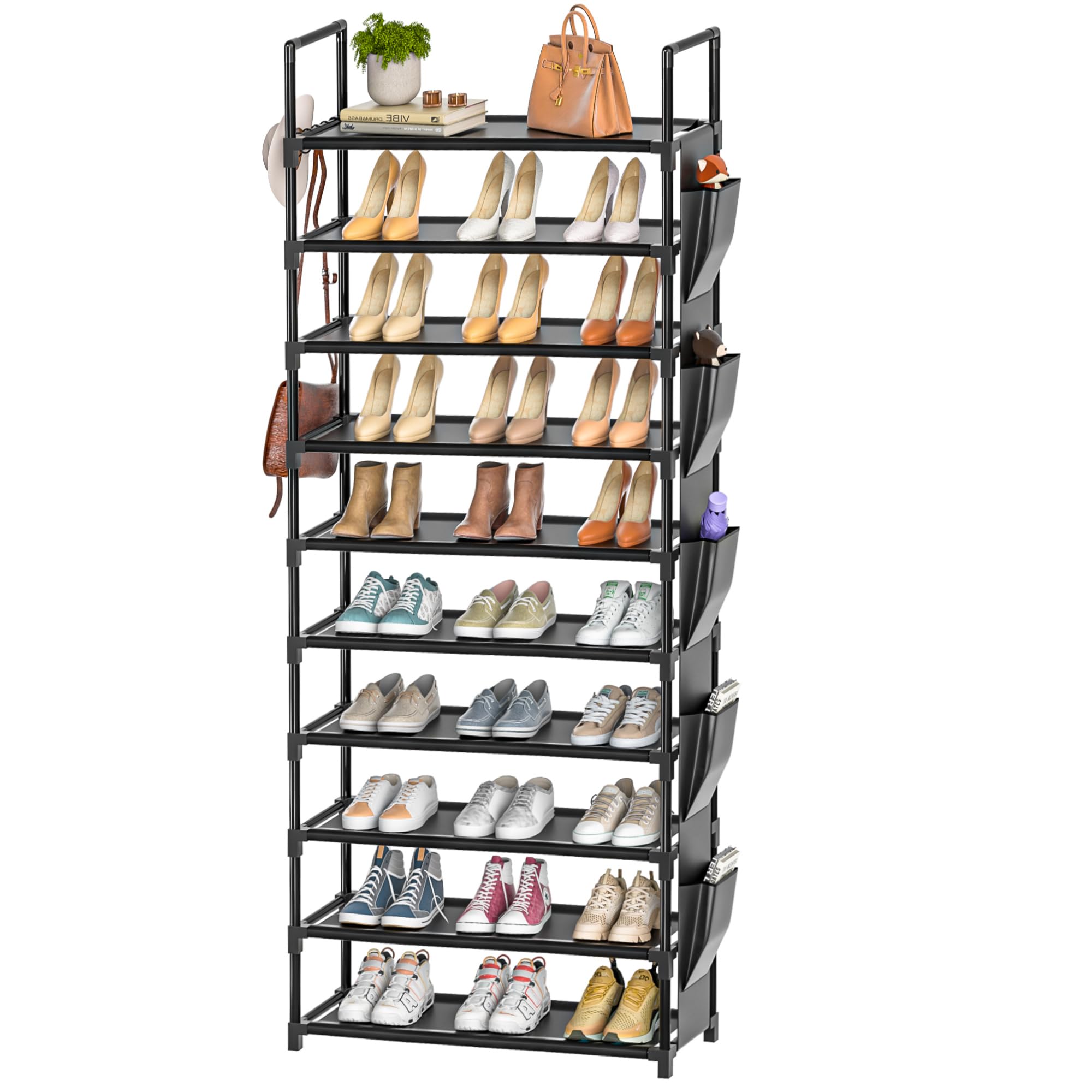 LUKYTOWER Tall Shoe Rack 10 Tier Shoe Organizer Racks for Closet Shoes Rack, Storage Metal Shoe Shelf with 5Hooks and Pocket,Sturdy Shoe Stand Tower Rack for Shoes