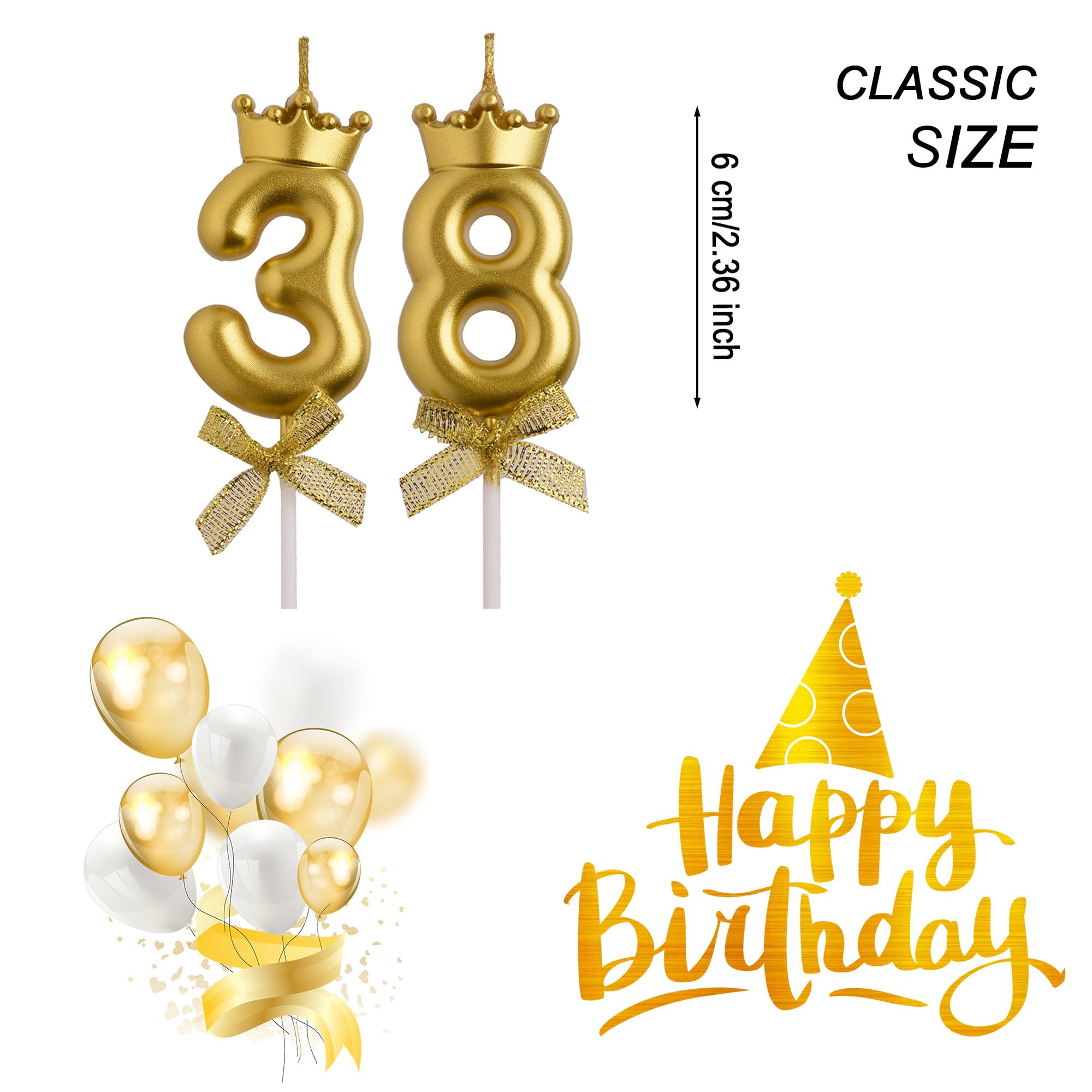 AOOLADA 38th 83rd Birthday Candles, Gold 83 38 Year Old Cake Topper Number Birthday Candles, Birthday Party Decorations Gifts for Women Men