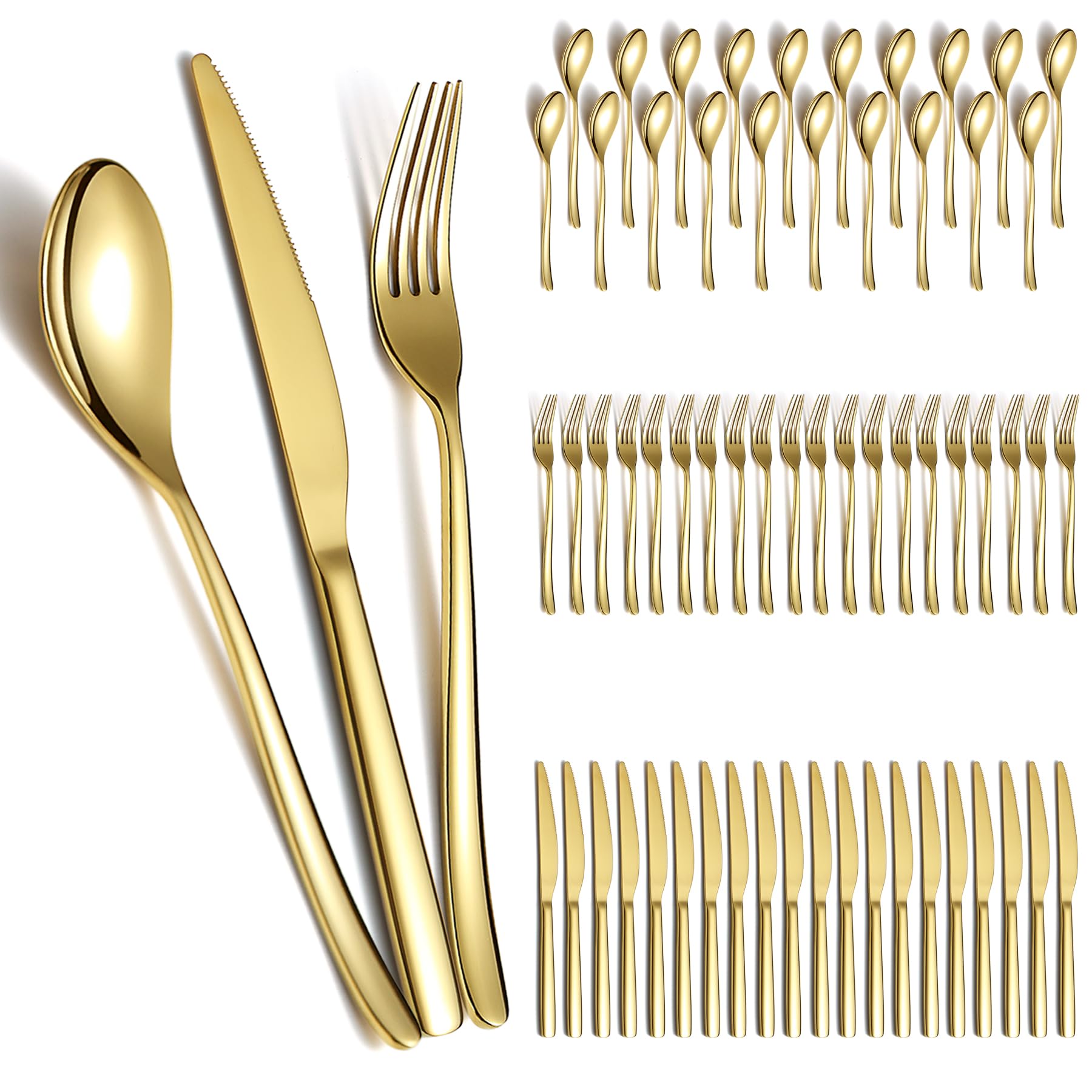 Berglander Gold Wedding Silverware Set 60pcs Service for 20, Titanium Plating Stainless Steel Flatware Set, Gold Spoons Forks Knives Set for Home, Wedding, Restaurant, Dishwasher Safe