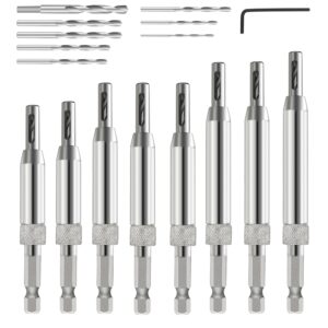 gmtools 17pcs vix bits self centering drill bit set, 1/4" hex shank self centering hinge tapper core drill bit set for woodworking window door hinge with 1 hex key & 8 drill bits 5/64"-1/4"