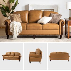 HULALA HOME Genuine Leather Sofa 3-Seater Couch Traditional Living Room Sofa with Carved Solid Wood Legs, Camel