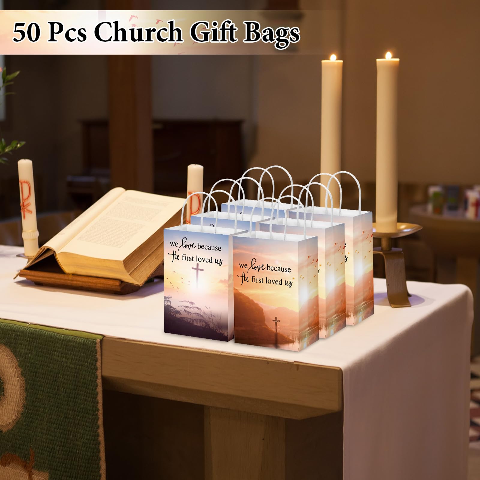 Zhanmai 50 Pcs Christian Gift Bags with Handles 5.91 x 3.15 x 8.27 Inches Church Welcome Bags We Love Because He First Loved Us Religious Paper Gift Bags for Thanksgiving Christmas Church Baptism