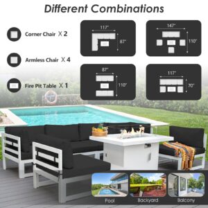 RADIATA 7 Pieces Aluminum Patio Furniture with Fire Pit Conversation Set with 29'' Large Depth Seat Outdoor Luxury Sofa Set (Black with White Aluminum)