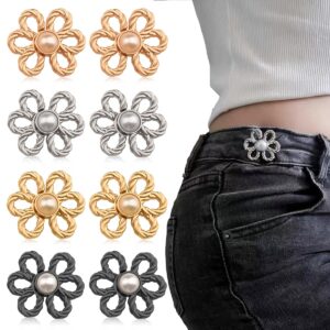 8 sets flower jeans button pant waist tightener, adjustable waist buckle sets no sew and no tools detachable decorative waist buckles, jean buttons pins for loose jeans, pants, skirts, sleeves