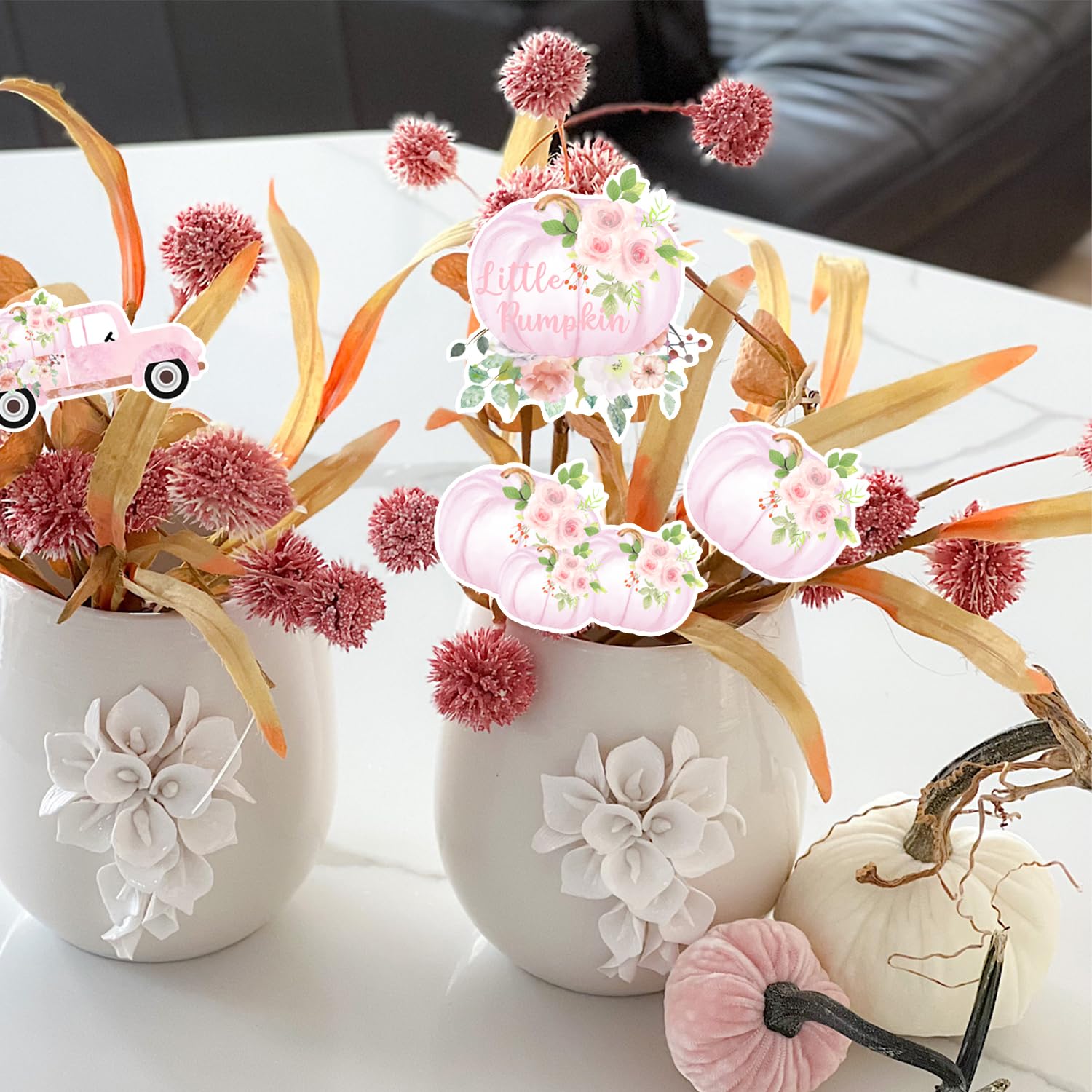 Little Pumpkin Centerpiece Fall Birthday Baby Shower Table Centerpieces Autumn Jar Flower Arrangement Sign Decoration 24PCS Pink