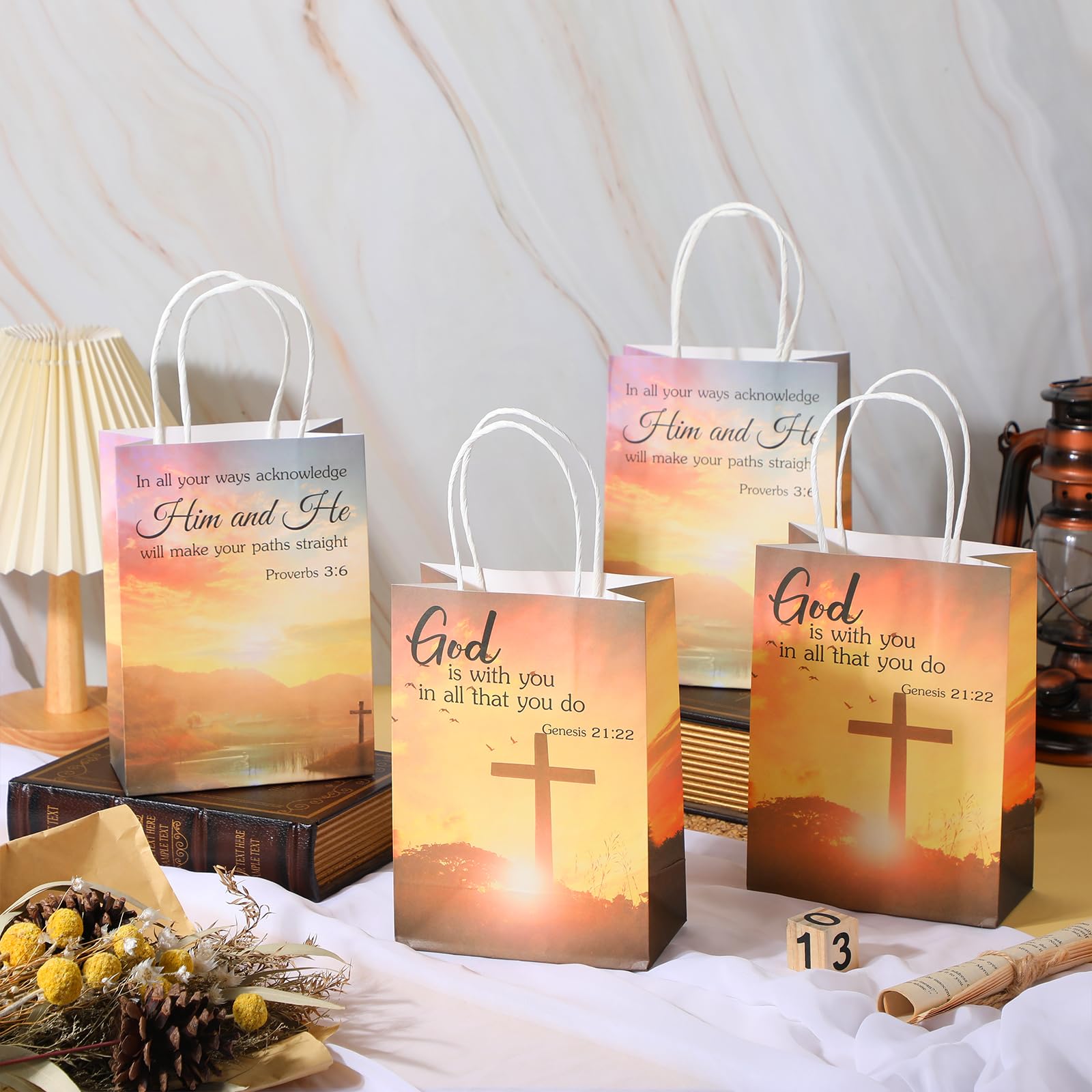 Zhanmai 50 Pcs Christian Gift Bags Church Visitor Welcome Packets Bulk Religious Baptism Bags with Bible Verse Bags with Handles for Christmas Favor, 5.91 x 3.15 x 8.27 Inch