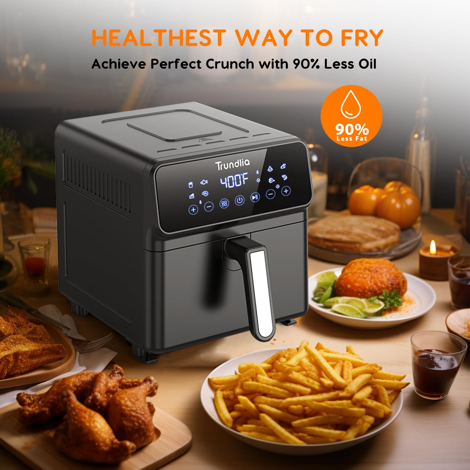 Trundlia Air Fryer Oven 6.3 QT, Compact & Large Airfryer for Family, 8 Quick Presets, Non-Stick Square Basket, All Metal Inside, Dishwasher Safe, Black