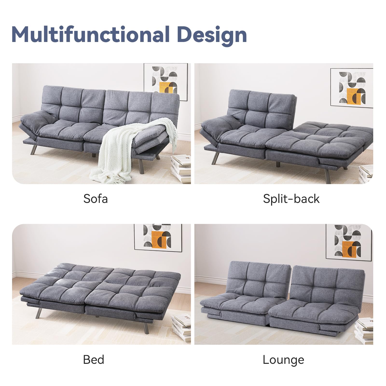 Hcore Convertible Splitback Futon Sofa Bed for Living Room, Office, Apartment - Memory Foam Sleeper Loveseat, Modern Small Couch in Grey