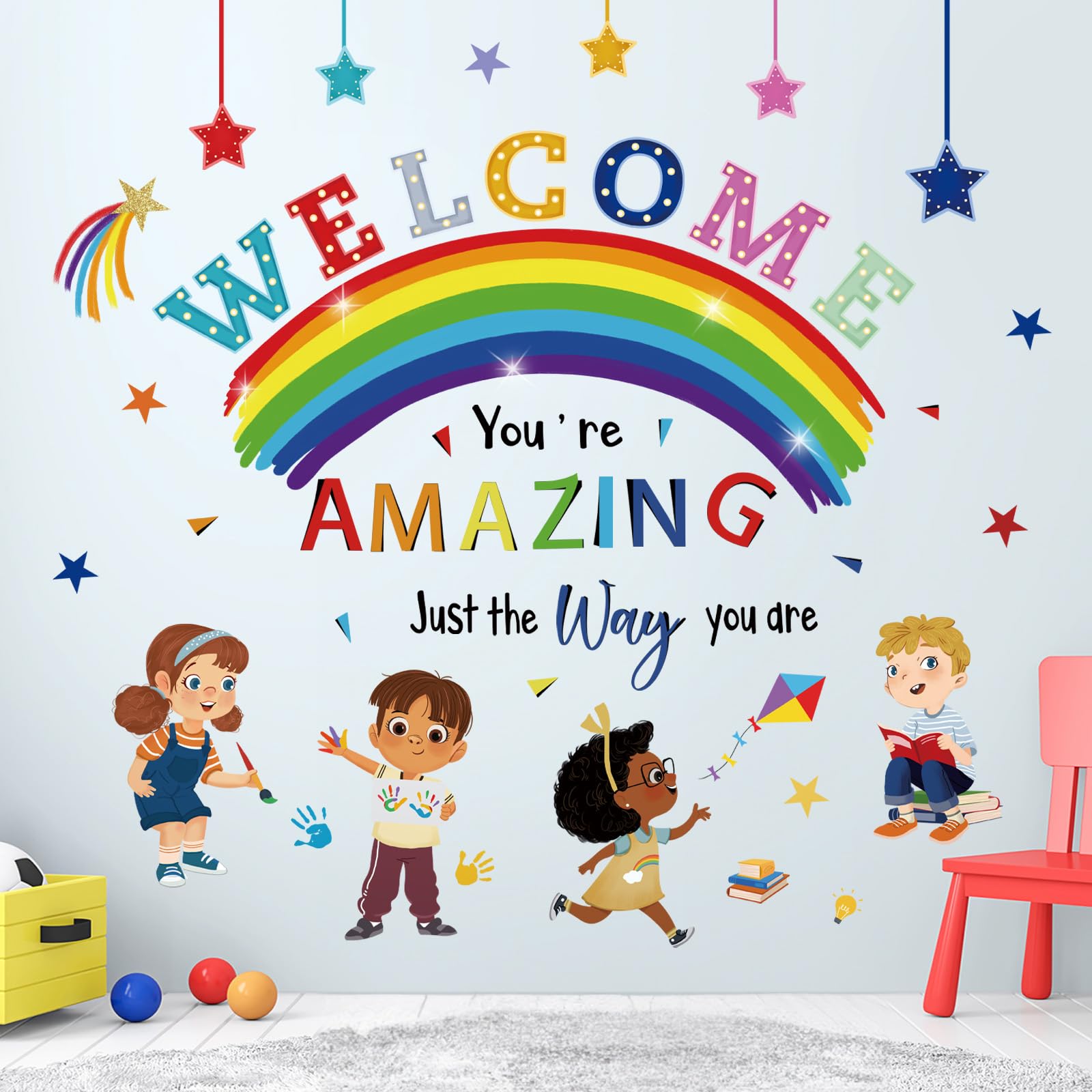 wondever Reading Corner Rainbow Wall Decals Kids Inspirational Quotes You are Amazing Peel and Stick Wall Art Stickers for Reading Room Classroom Kids Room