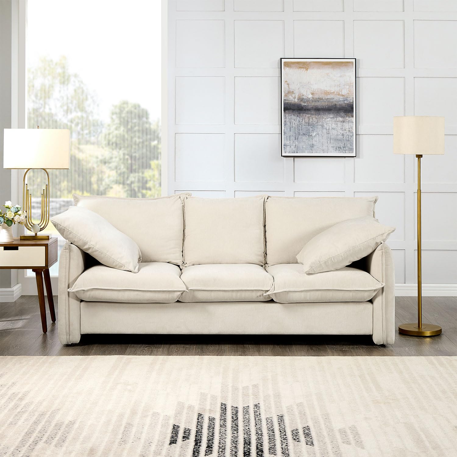 DREAMODERN Sectional Sofa Couch for Living Room, 81.49" Wide Mid-Century Back Upholstered Sofa Couch with 2 Pillows, 3-seat Deep Seat Couch for Apartment, Office - Beige