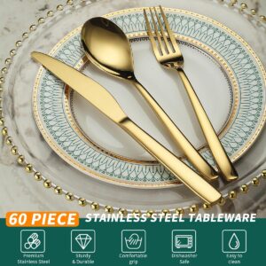 Berglander Gold Wedding Silverware Set 60pcs Service for 20, Titanium Plating Stainless Steel Flatware Set, Gold Spoons Forks Knives Set for Home, Wedding, Restaurant, Dishwasher Safe