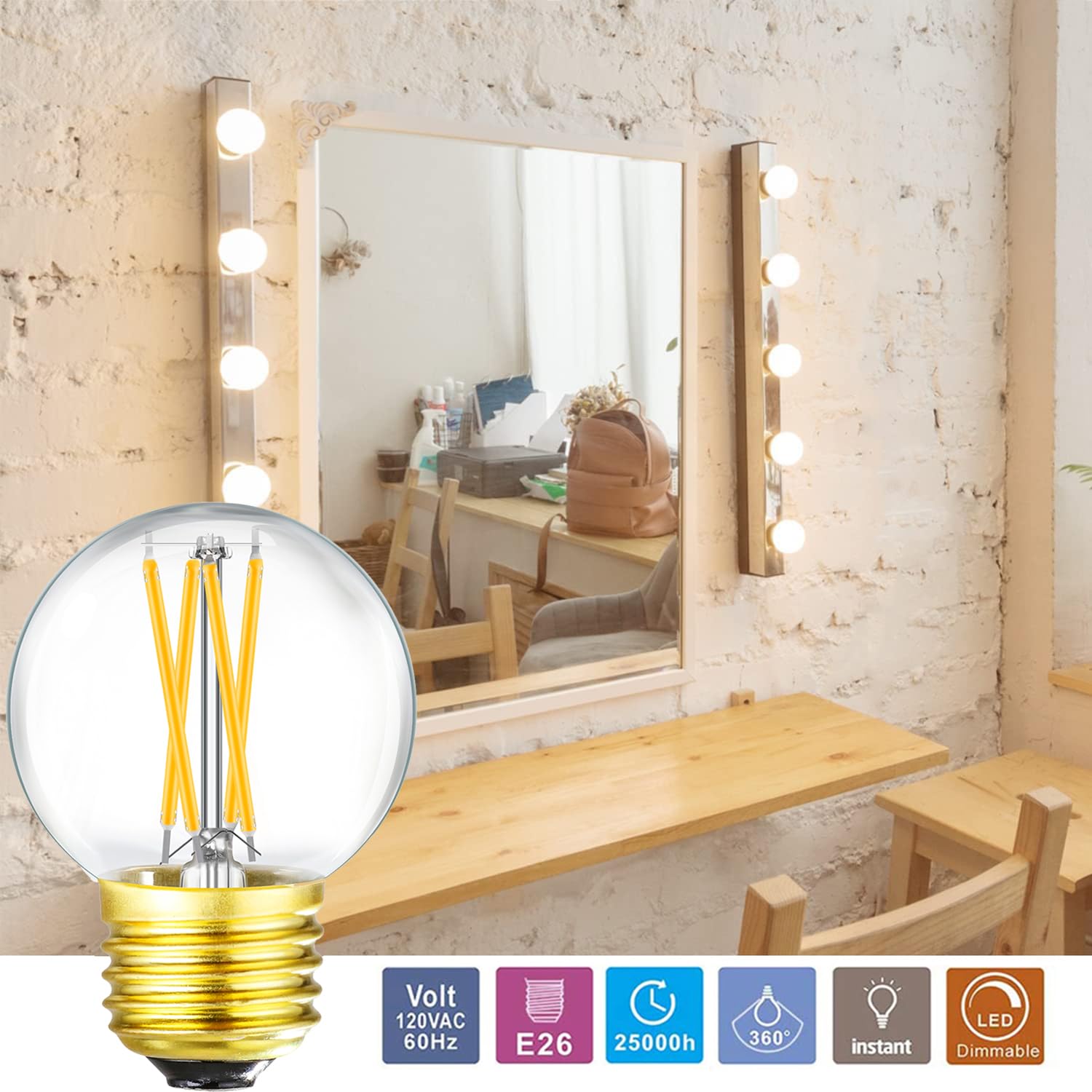 Leools Dimmable Wall sconces Edison Bulb G16.5 4W Equal 40 watt AC120V Clear Glass Soft White 3000K E26 Light Bulb for Pendant,Chandeliers,Vanity, 400lm 6Pack