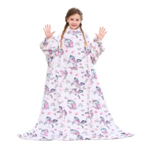 viviland wearable fleece blanket for kids with sleeves & foot pocket for kids snuggie lightweight soft blanket for girls hook & loop 47" x 47" inches (white unicorn)