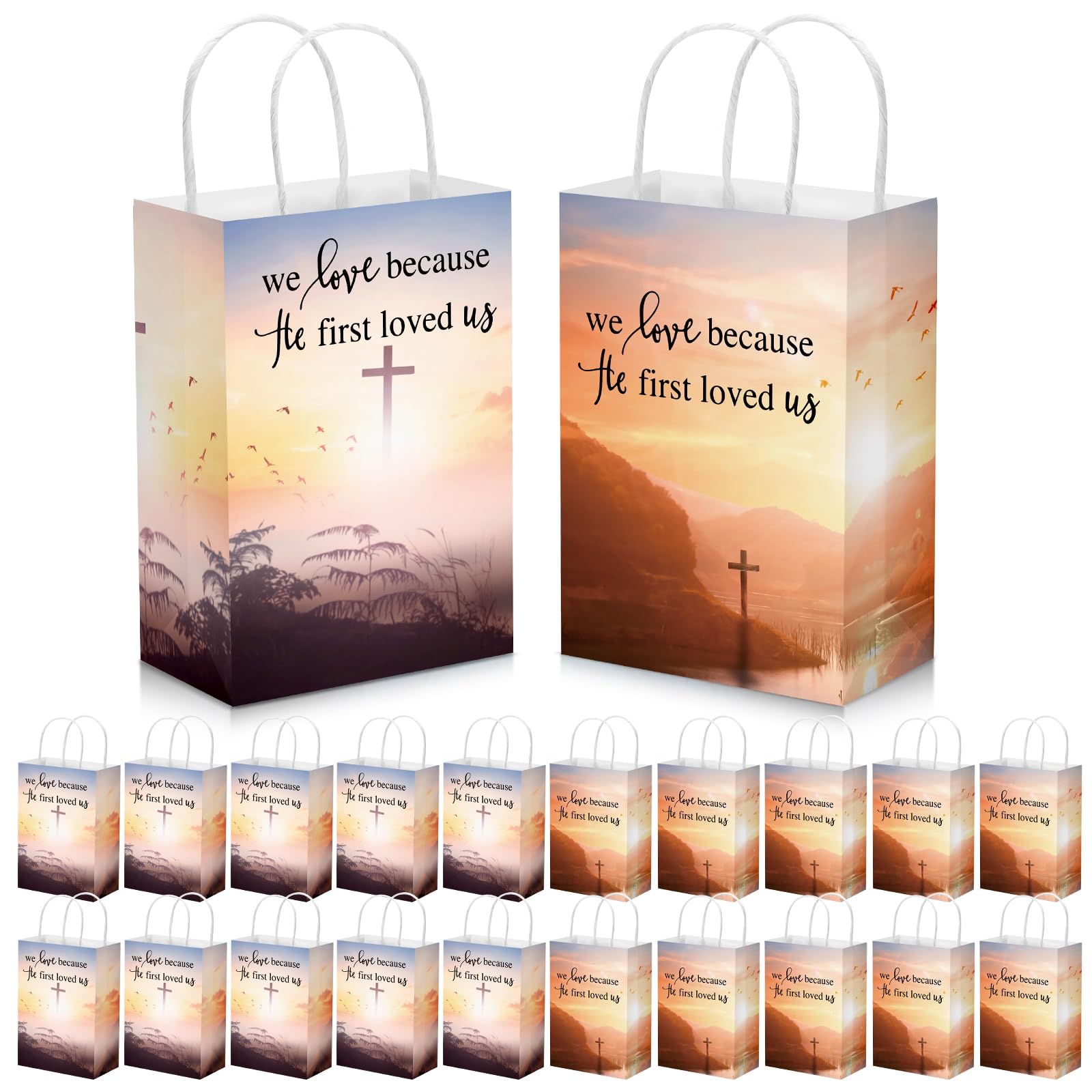 Zhanmai 50 Pcs Christian Gift Bags with Handles 5.91 x 3.15 x 8.27 Inches Church Welcome Bags We Love Because He First Loved Us Religious Paper Gift Bags for Thanksgiving Christmas Church Baptism