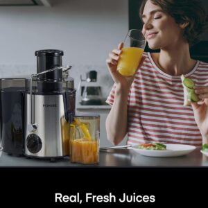 Juicer Machines, 600W Centrifugal Juicer with Wide Mouth 3” Feed Chute for Whole Vegetable and Fruit with 3-Speed Setting, Easy to Clean, BPA Free, High Yield Juice, Juice Recipe Included