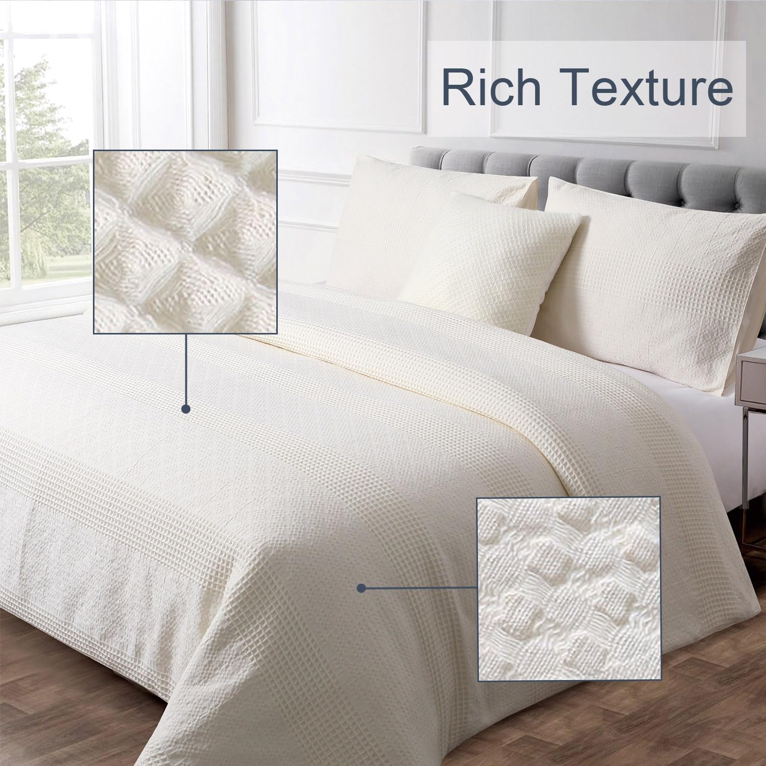 YINFUNG Waffle Duvet Cover 100% Cottton Cream Queen Waffle Weave Textured Off White Ivory Striped Tufted Geometric Bedding Set Luxury Hotel 90x90