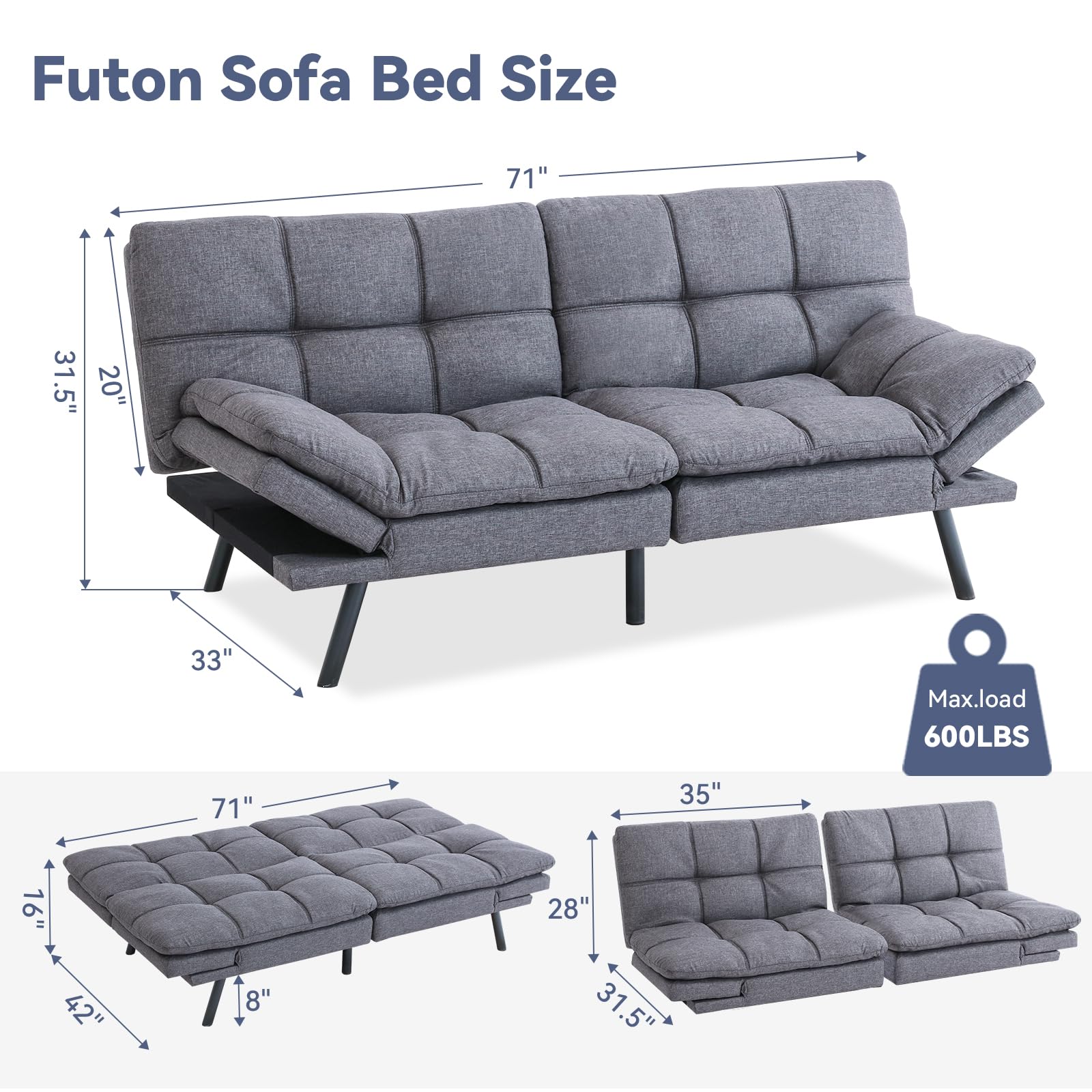 Hcore Convertible Splitback Futon Sofa Bed for Living Room, Office, Apartment - Memory Foam Sleeper Loveseat, Modern Small Couch in Grey