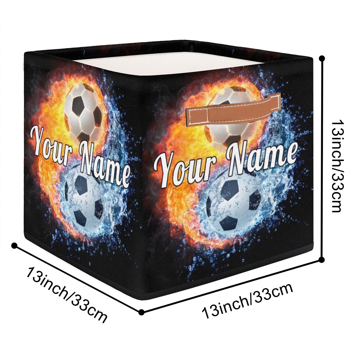 Personalized Storage Cube Bin with Name,Ice Fire Football Soccer Customize Storage Baskets with Handles,Laundry Toy Oraganizer for Closet Shelf Nursery Kids Bedroom