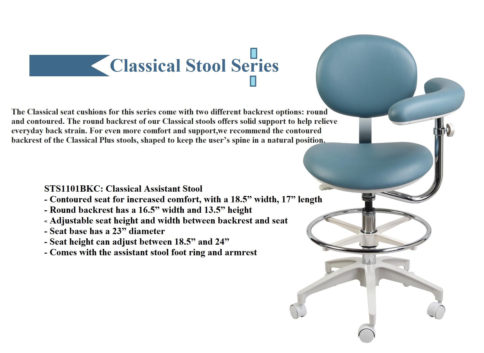 AmeriCan Goods Doctor Classical Assistant Stool Rolling Dental Stool with Procedure Arm and Foot Ring Adjustable Heigh, Sit & Backrest with Wheels (Black)