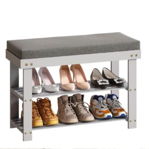 ghwie bamboo shoe rack bench,storage organizer with padded seat,3-tier shoe rack for entryway(grey)