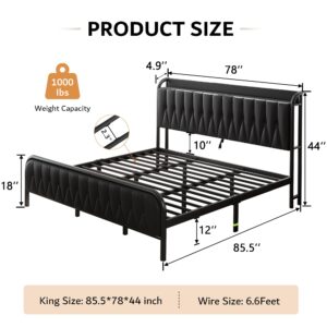 iPormis King Size Metal Bed Frame with Charging Station, Faux Leather Headboard and Footboard, Heavy Duty Steel Support, 12" Under Bed Storage, No Box Spring Needed, Easy Assembly, Black