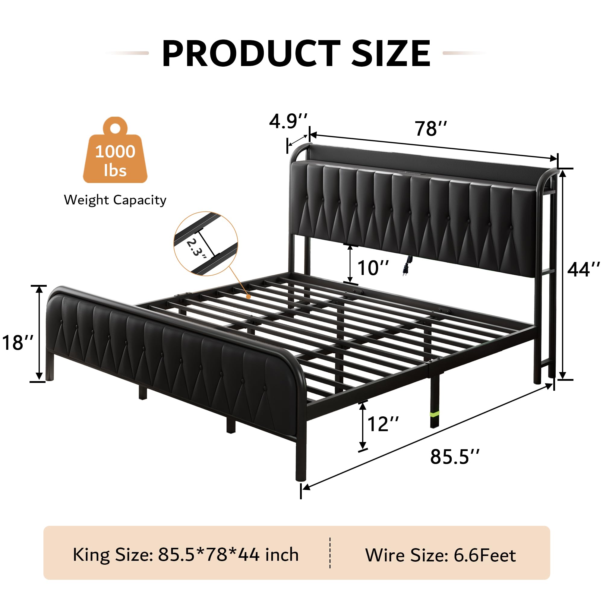 iPormis King Size Metal Bed Frame with Charging Station, Faux Leather Headboard and Footboard, Heavy Duty Steel Support, 12" Under Bed Storage, No Box Spring Needed, Easy Assembly, Black