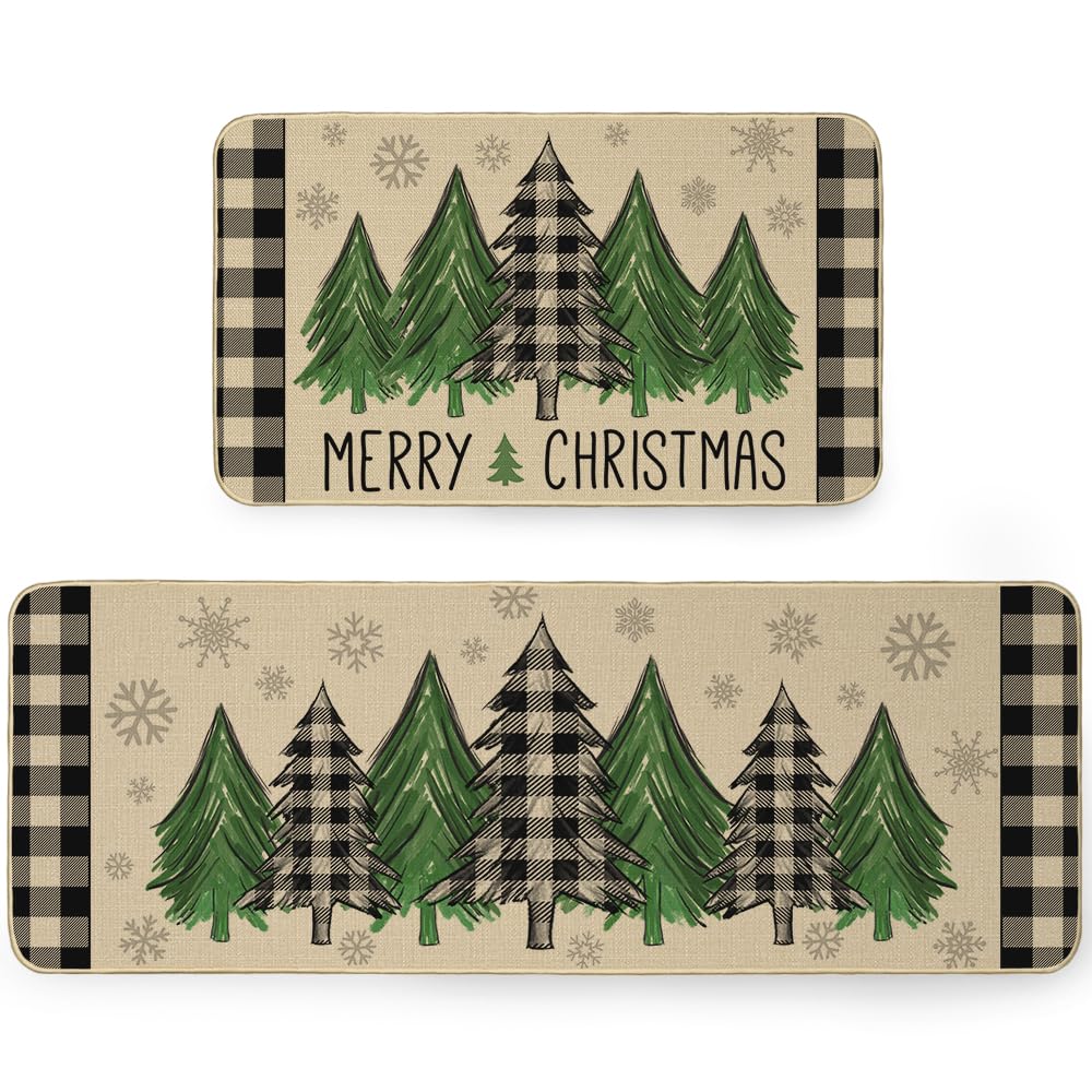 ARKENY Christmas Kitchen Rugs Set of 2, Non-Slip Absorbent Door Mats, Winter Snowflakes Xmas Tree Decorative Kitchen Floor Mat 17x29 and 17x47 Inch AKM004