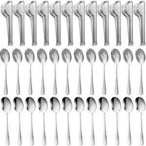 sabary 36 pcs stainless steel serving utensils for buffet parties including 12 serving spoons 12 slotted spoons 12 serving tongs large metal flatware set for tanksgiving catering banquet(silver)