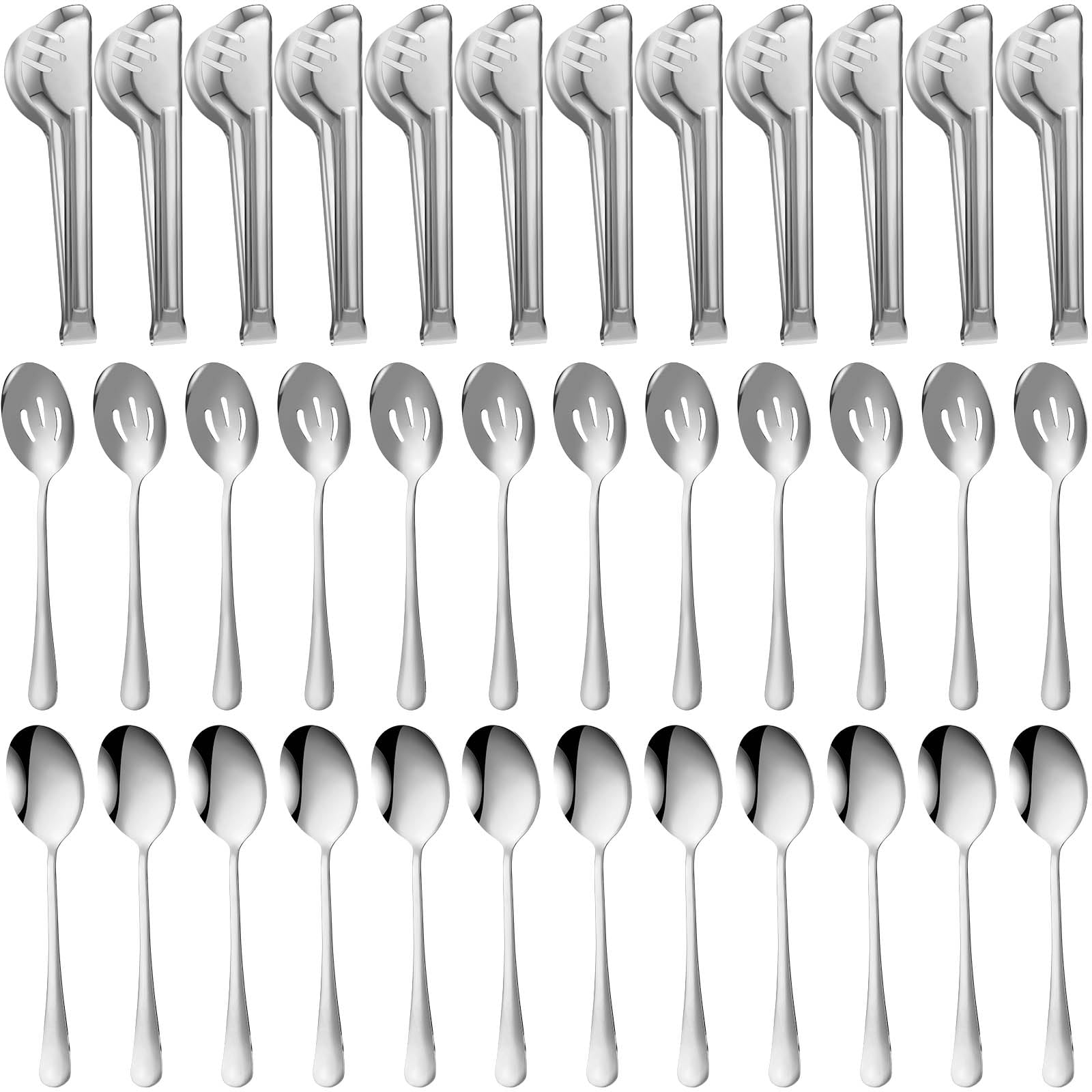 Sabary 36 Pcs Stainless Steel Serving Utensils for Buffet Parties Including 12 Serving Spoons 12 Slotted Spoons 12 Serving Tongs Large Metal Flatware Set for Tanksgiving Catering Banquet(Silver)