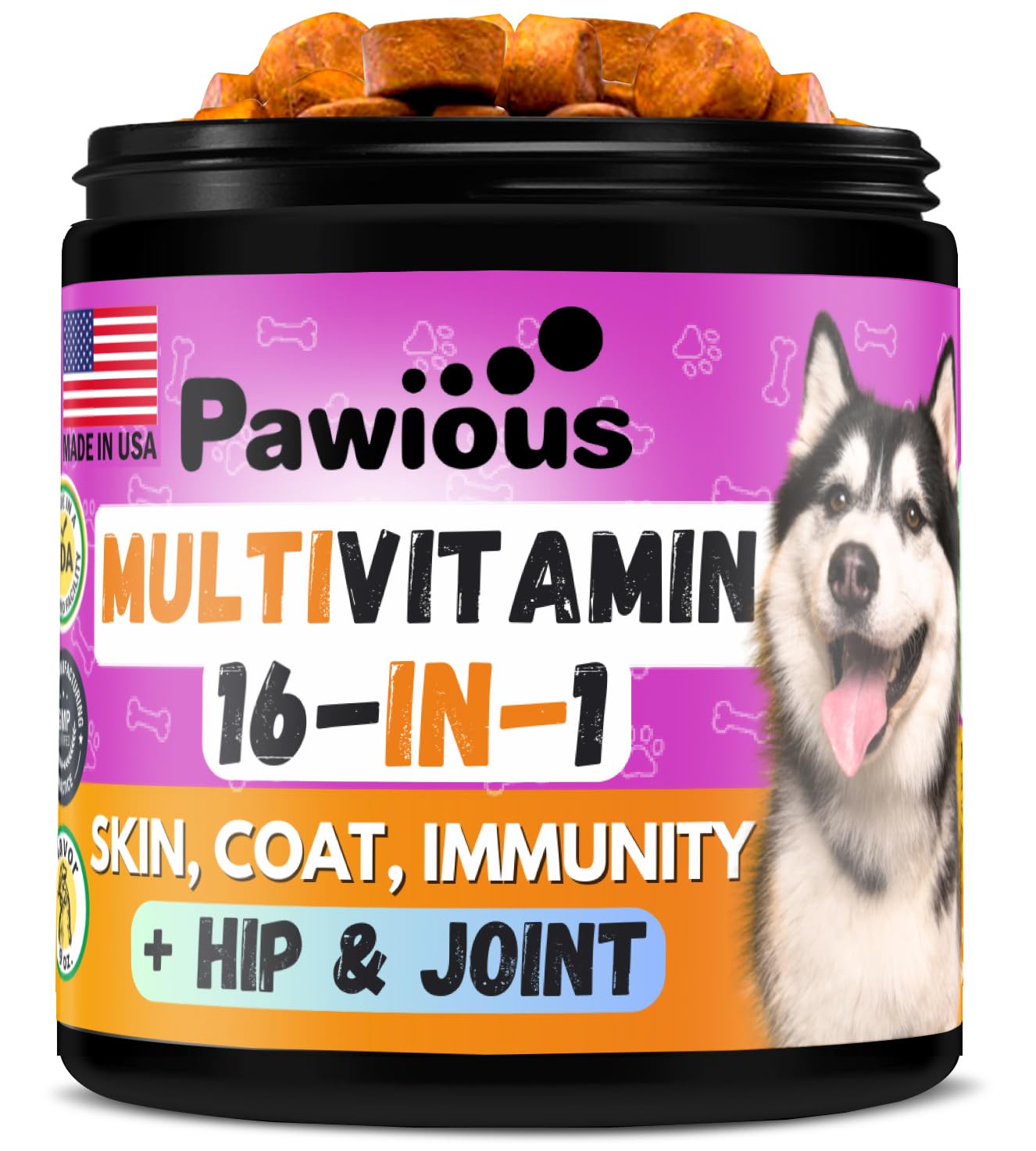 Dog Multivitamin Chewable with Glucosamine 16 in 1 - Dog Vitamins and Supplements - Hip and Joint Support Health - Immunity, Mobility - Gut, Skin, Heart, Coat