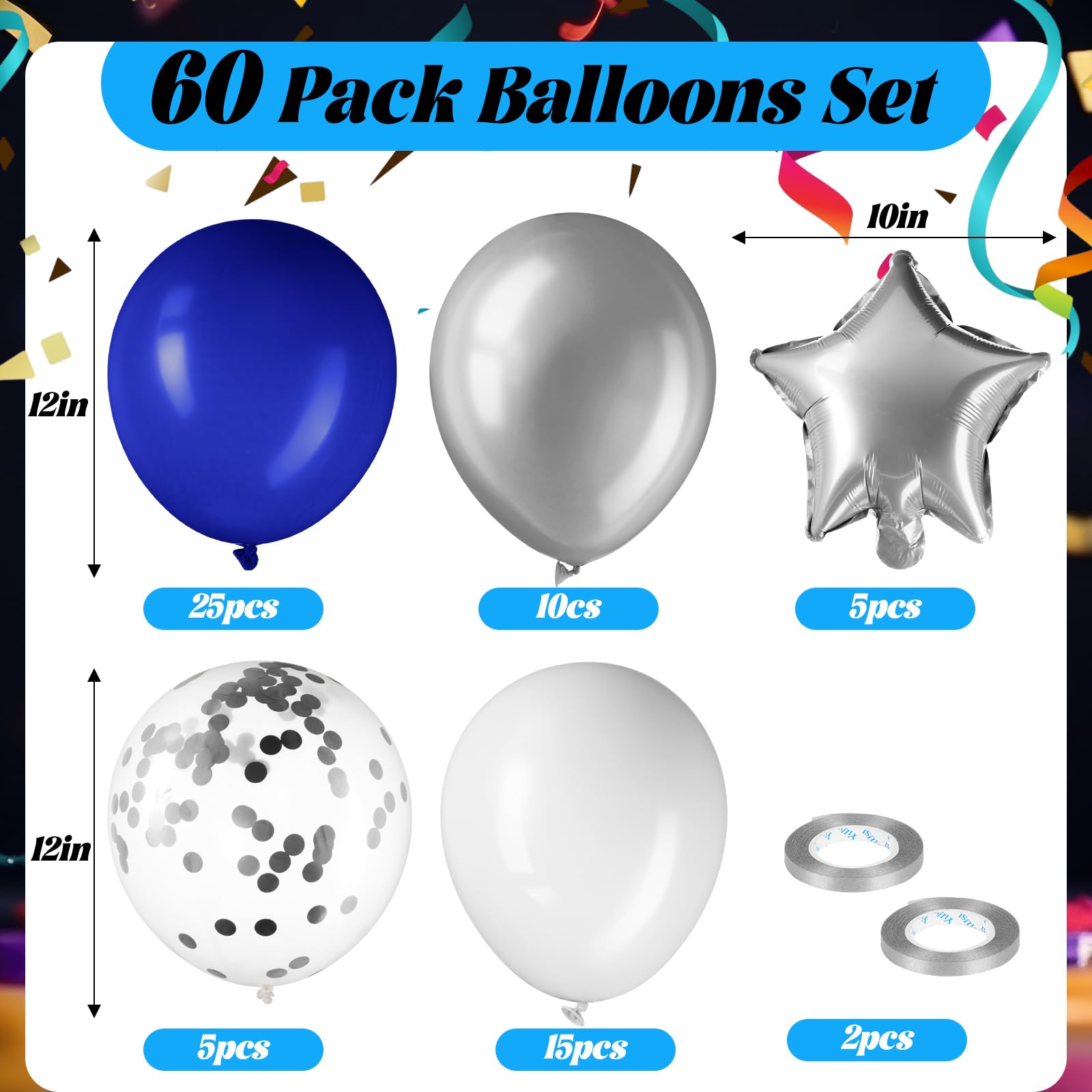 Sratte 60pcs Balloons Kit 12 Inch Confetti Balloons with 2 Rolls Ribbon Latex Balloon Party Favor Metallic Balloons for Birthdays Baby Shower Wedding Graduation Decorations (Royal Blue, White, Silver)