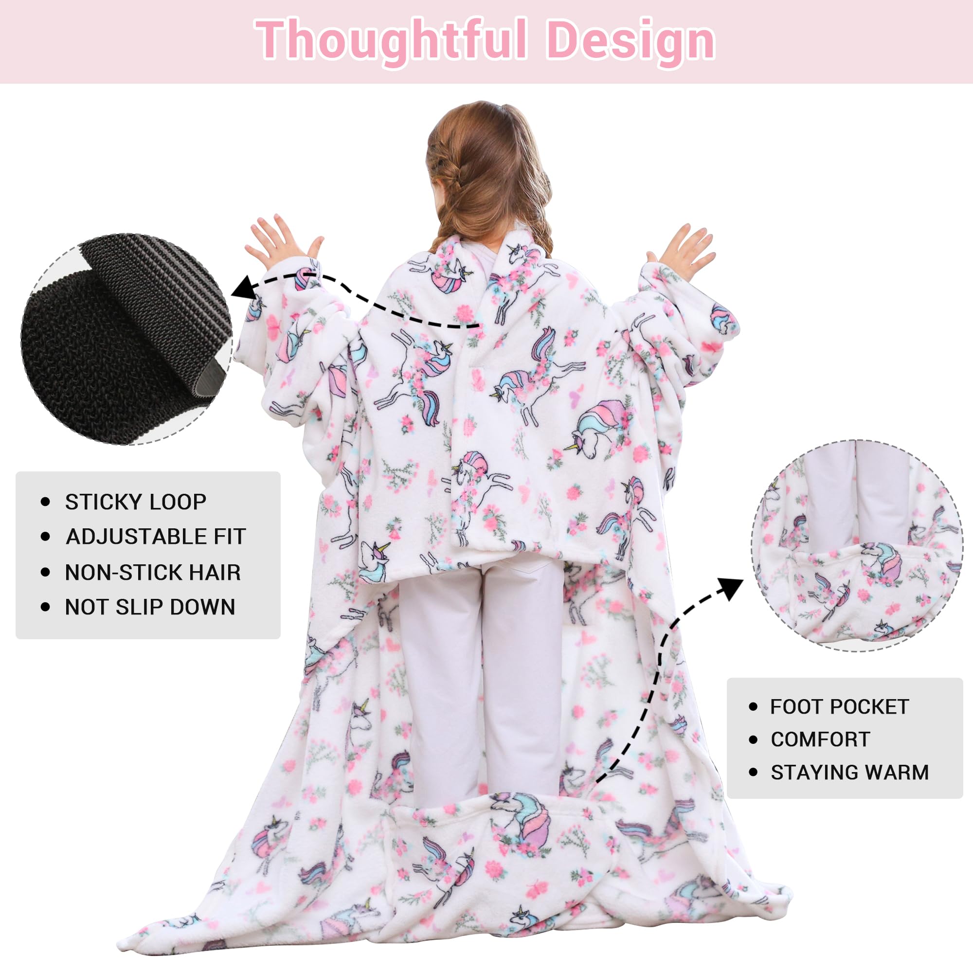 Viviland Wearable Fleece Blanket For Kids with Sleeves & Foot Pocket for kids Snuggie Lightweight Soft Blanket for Girls Hook & Loop 47" x 47" Inches (White Unicorn)