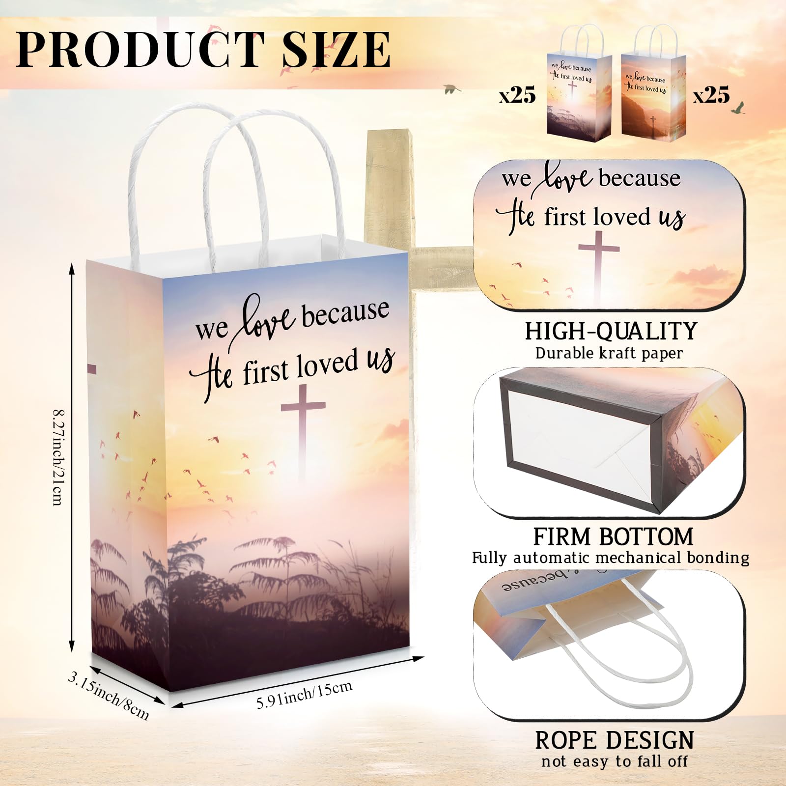 Zhanmai 50 Pcs Christian Gift Bags with Handles 5.91 x 3.15 x 8.27 Inches Church Welcome Bags We Love Because He First Loved Us Religious Paper Gift Bags for Thanksgiving Christmas Church Baptism