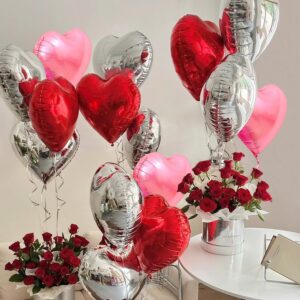 Upgraded Pink Silver and Red Balloons - Pack of 15 - Heart Shaped Foil Balloons for Valentines Day Wedding Birthday Bridal Shower Baby Shower Decorations