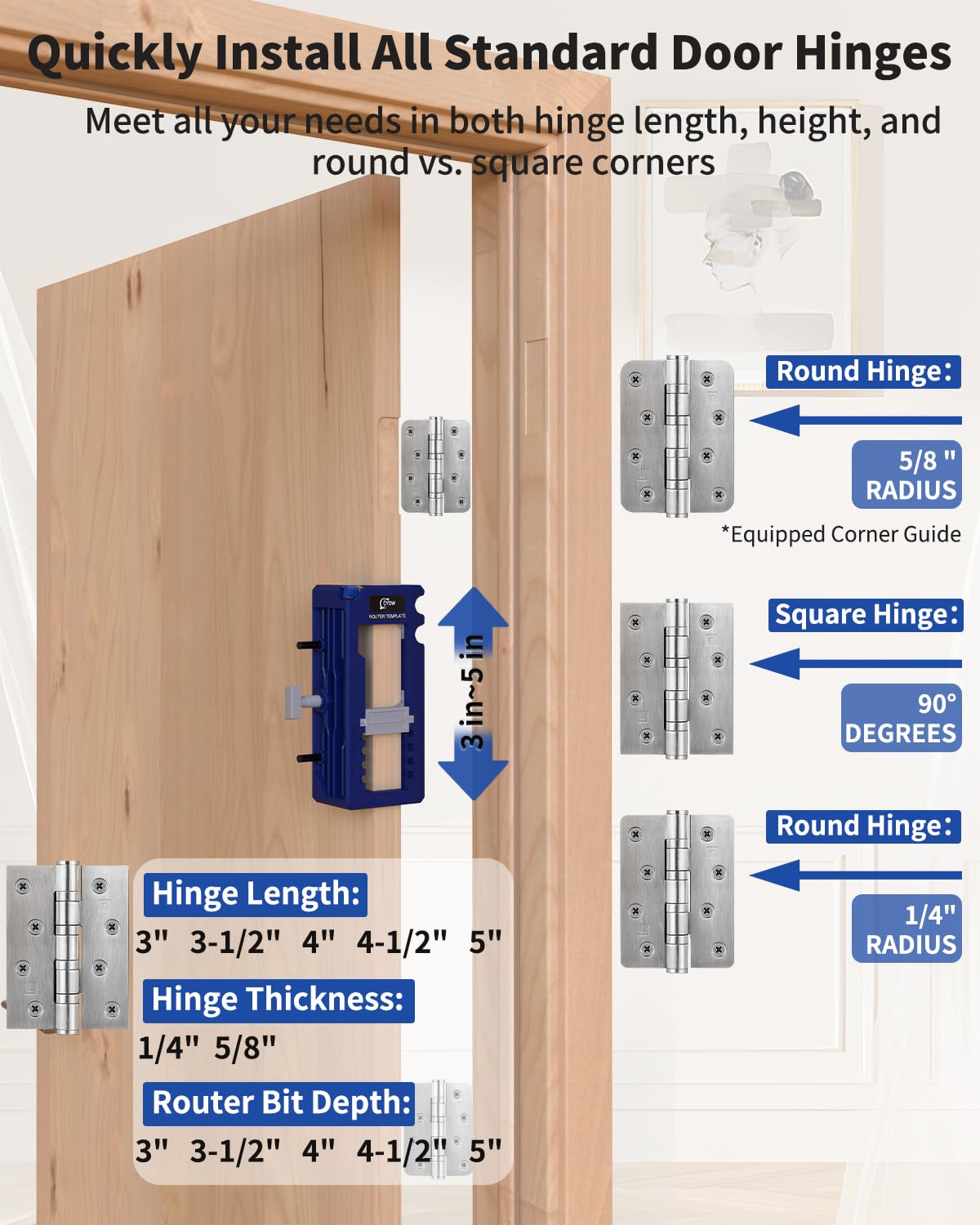 Door Hinge Jig, Door Hinge Router Template,Door Hinge Mortiser, Hinge Installation Kit Fits 3” to 5” Length and 1/4” or 5/8” Thickness Door Hinge, Blue