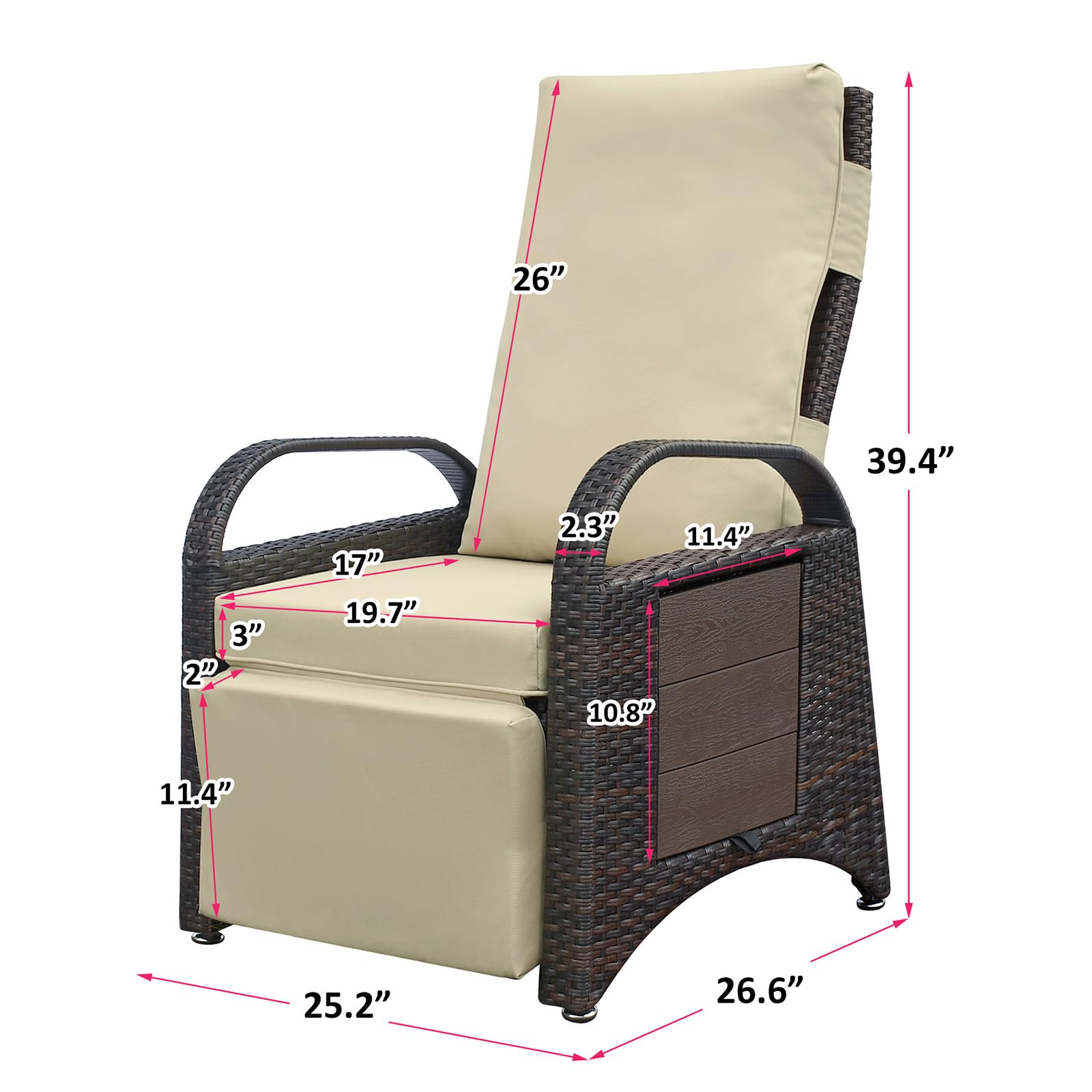 Skypatio Indoor/Outdoor Wicker Recliner Chair, Adjustable Backrest Patio Recliner Lounge Chair with Flip Side Table, Footrest and Soft Cushion(Khaki)