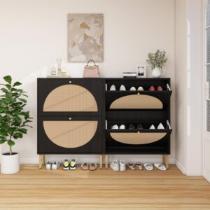 ZeHuoGe Natural Rattan Shoe Cabinet with 2 Flip Drawers, Black Shoe Shelf Organizer with Circle Rattan Doors, for Entryway Narrow Storage Cabinet for Heels, Slippers (Black)