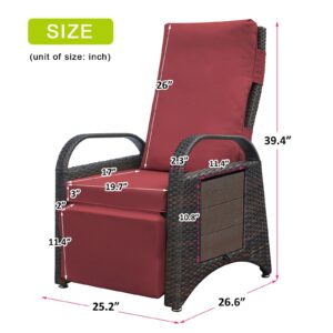 Skypatio Indoor/Outdoor Wicker Recliner Chair, Independently Adjustable Backrest and Footrest Patio Recliner Lounge Chair with Flip Side Table(Red)