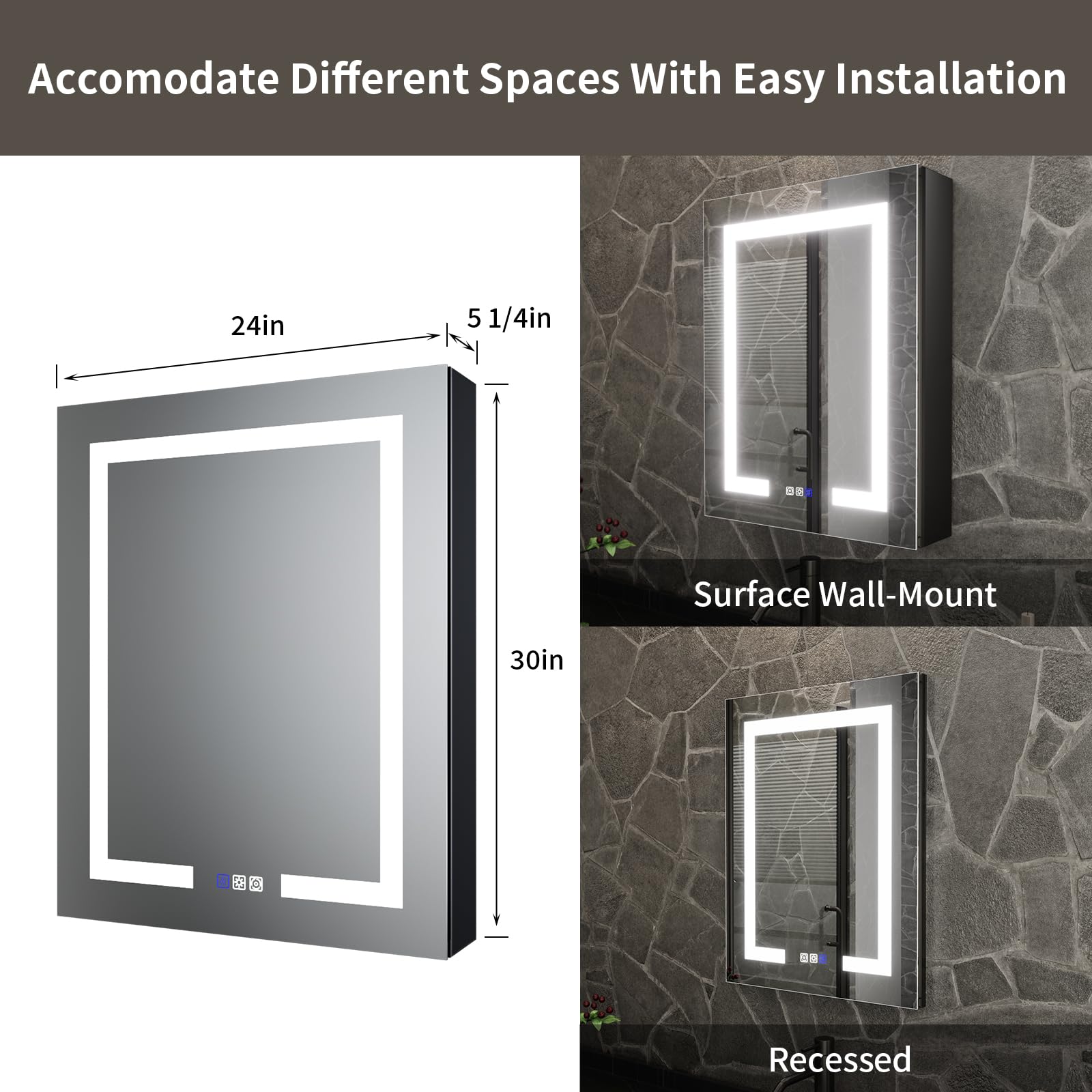 ES-DIY Lighted Medicine Cabinet 24 x 30 Inch, LED Medicine Cabinet Recessed or Surface Mount, Defog, Stepless Dimming,Color Temper 3000K-6400K,Interior LED Lighting, Black Frame,Left Hinge