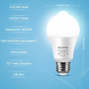 ALEXPEX Motion Sensor Light Bulbs, 13W(100W Equivalent) 1100lm Motion Activated Auto Dusk to Dawn LED Bulb, A19 E26 5000K Daylight Outdoor/Indoor Lighting for Garage Porch Stairs Patio, 2 Pack