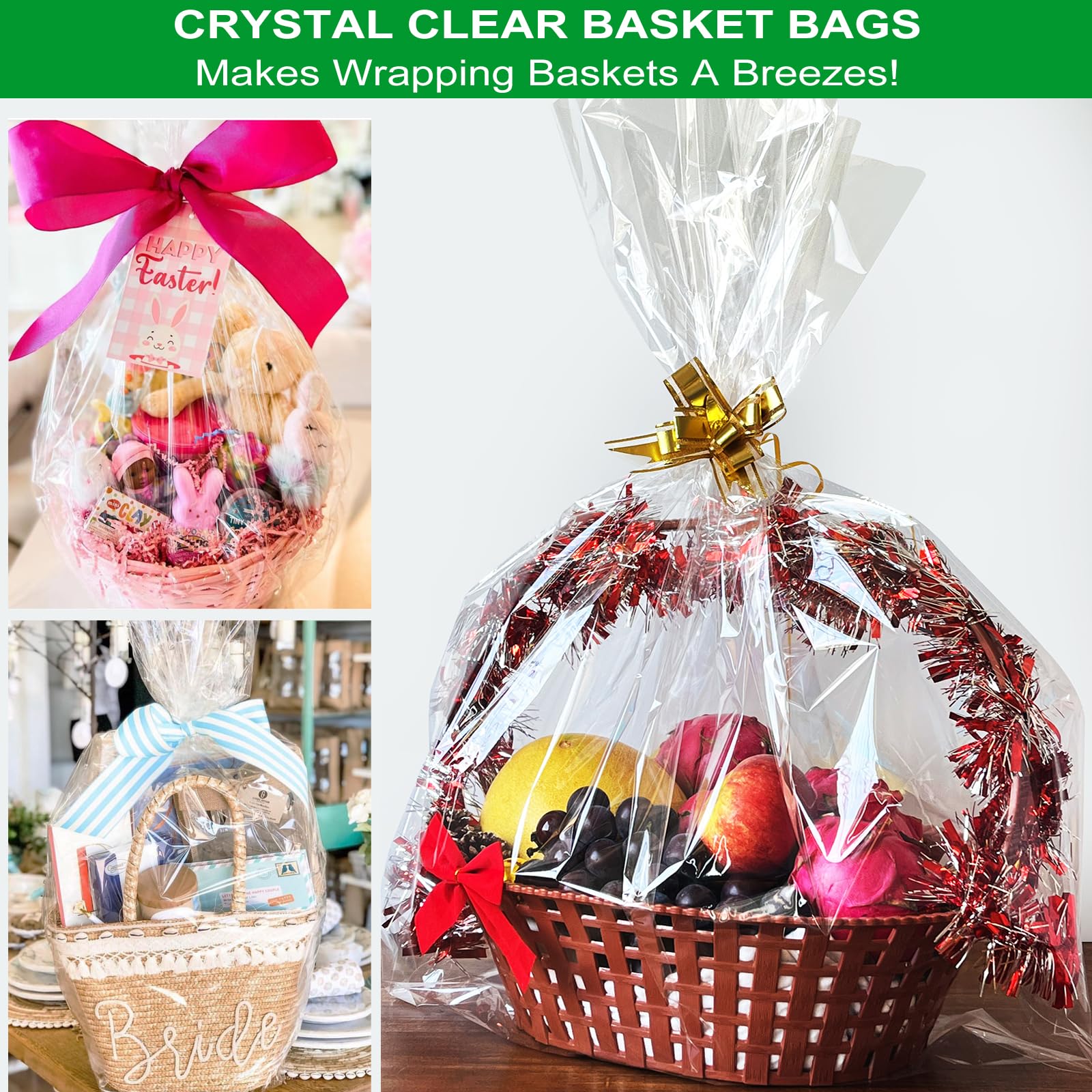 SYOGUA Large Clear Basket Bags, 3 Mil Thick 30" x 40" Jumbo Big Cellophane Bags, Crystal Clear Gift Bags Plastic Cellophane Wrap for Gifts Baskets Packaging 5 Pack