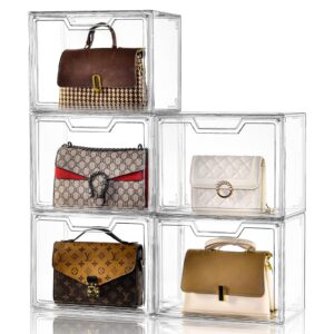 stebopum purse organizer for closet,clear acrylic display case for handbag organizer, purse storage box with magnetic door, plastic storage bins for book, collectibles, cosmetic (5 pack)