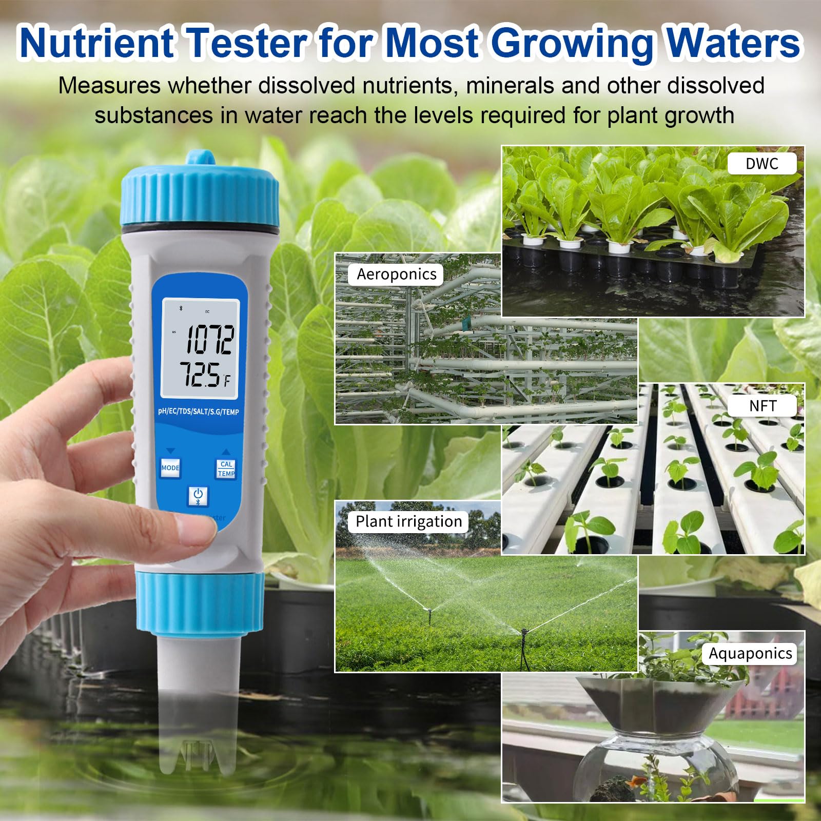 YIFAN pH Meter and EC Tester, Bluetooth Hydroponics EC PPM Meter, 6-in-1 DWC pH EC TDS Meter Digital Water Tester with ATC for Hydroponics Growing System, Agricultural Irrigation, Ponds, Aquarium