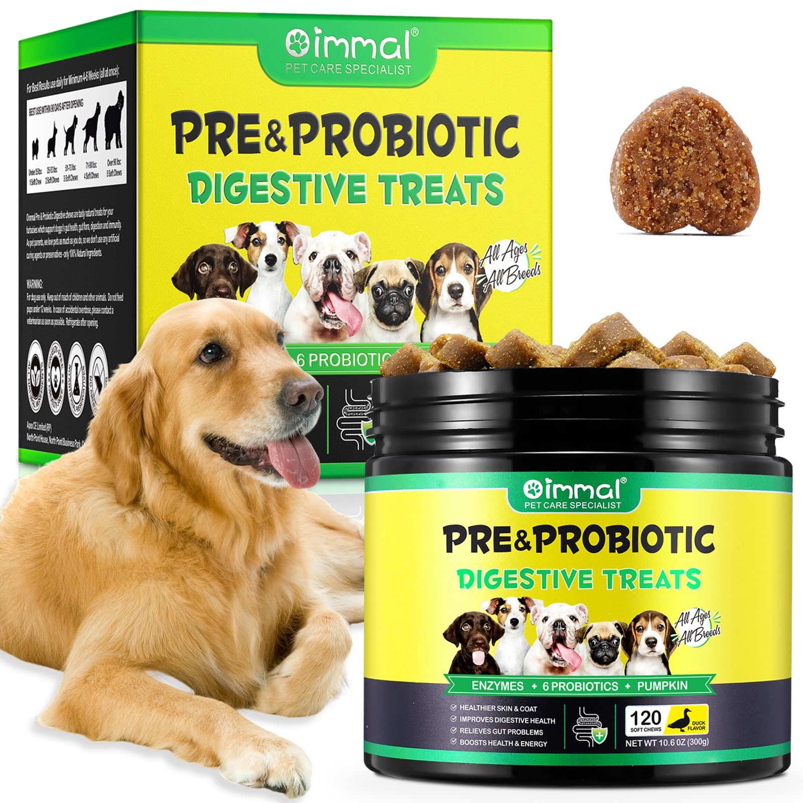 Probiotic Chews for Dogs (Duck 120PCS), Probiotics for Dogs with Digestive Enzymes, Dog Probiotics for Yeast, Itchy Skin, Anti Diarrhea, Gut Digestive Health, Allergy & Immune Support, 10.6oz (300G)